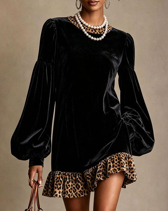 Kleid Rundhals Ballonärmel Leopardenmuster