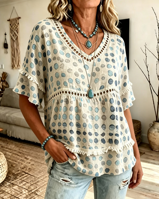 Bluse Franse V-Ausschnitt Tupfen Babydoll