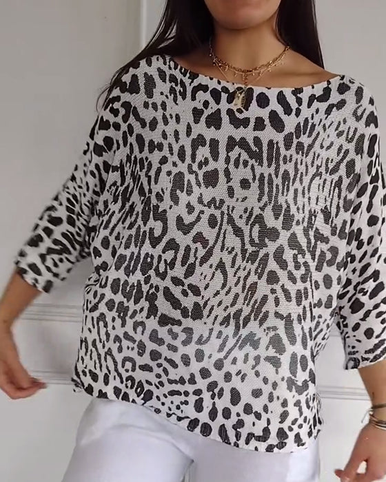 Pullover Dreiviertelärmel Leopardenmuster Locker
