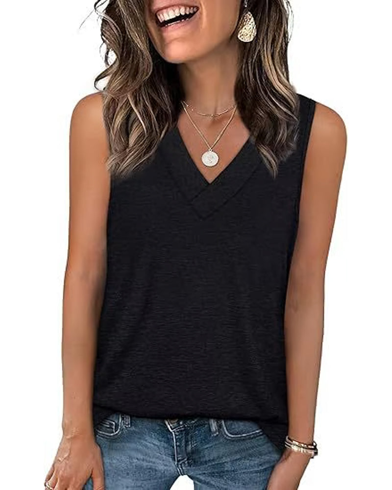 Tanktop T-Shirt Damen Ärmellos V-Ausschnitt Schlankmachend Locker Passform Lässig