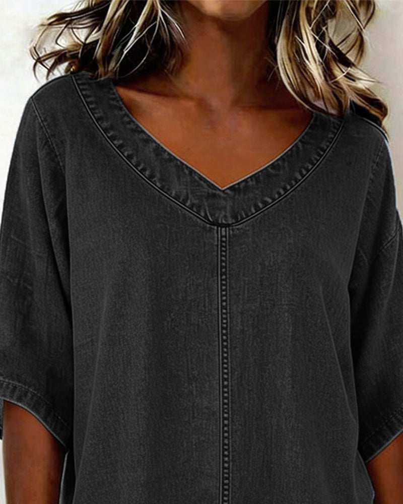 Top V-Ausschnitt Lässig Denim