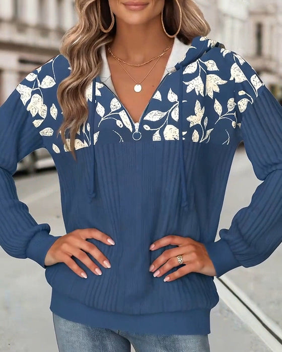 Sweatshirt Mit Kapuze Halbreißverschluss Blumenprint
