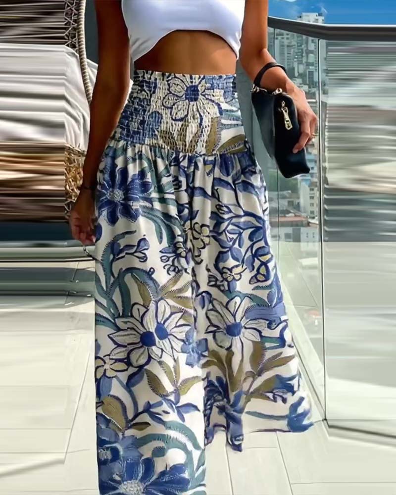 Hose Hoch Tailliert Blumenmuster Gummibund Weit Bein