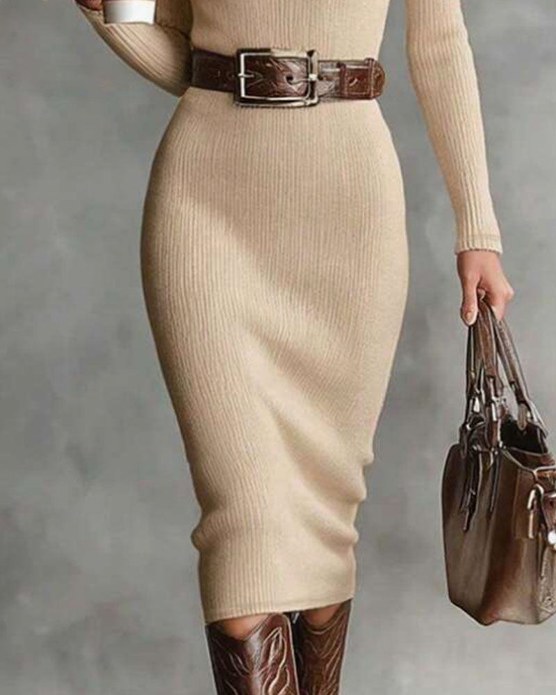 Strickkleid Halboffener Rollkragen Gerippt Bodycon