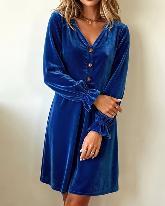 Kleid V-Ausschnitt Knopf Rüsche Plissiert