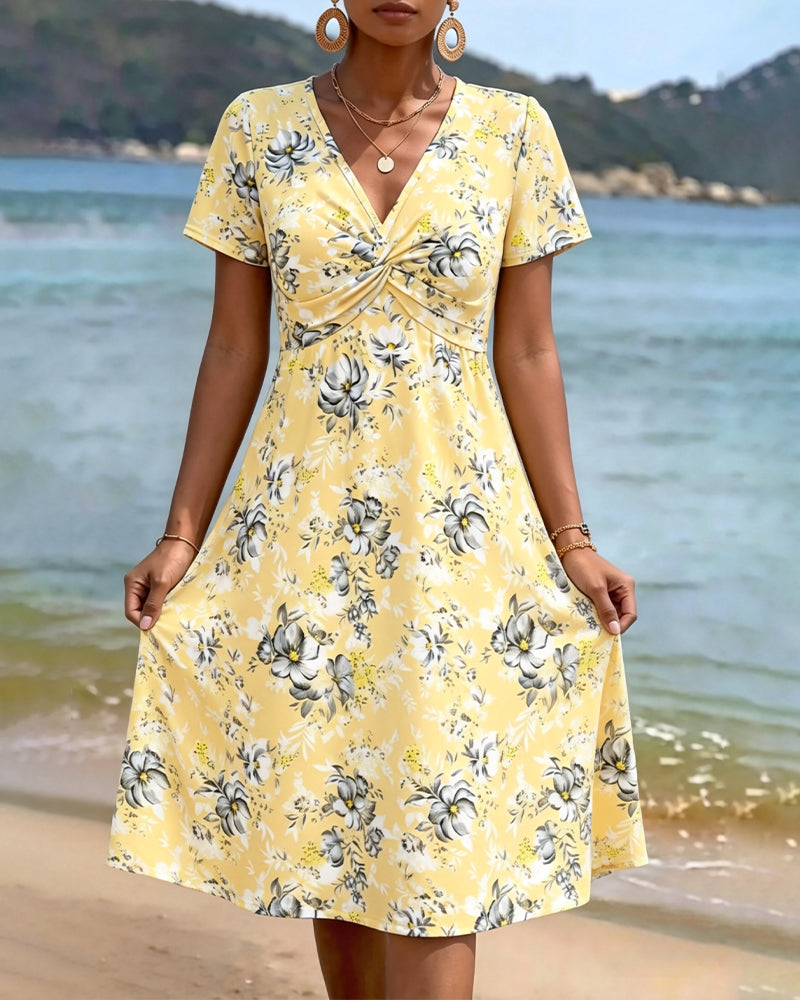 Kleid Blumen V-Ausschnitt Twist Knoten