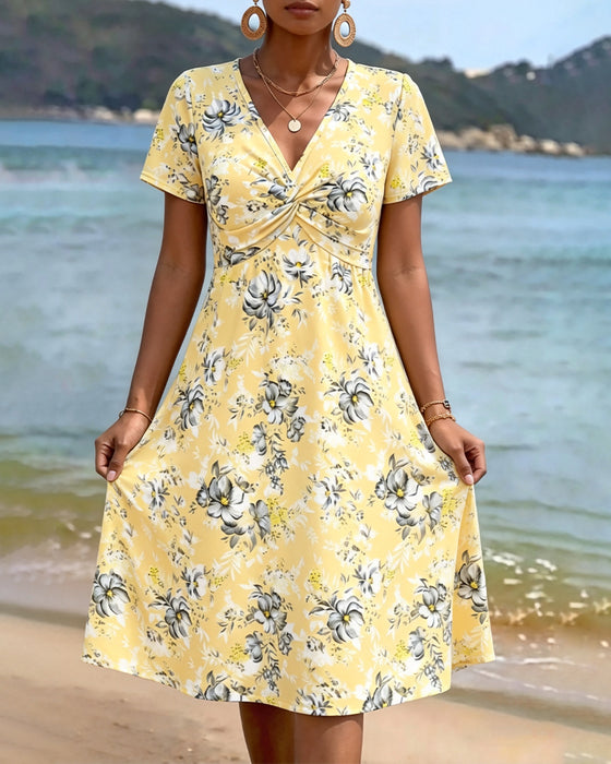 Kleid Blumen V-Ausschnitt Twist Knoten