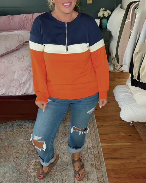 Sweatshirt Mit Reißverschluss, Stehkragen Und Farbblockierung Langarm