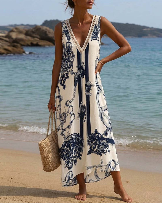 Kleid V-Ausschnitt Ärmellos Mit Print
