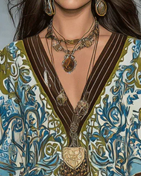 Kleid V-Ausschnitt Farbblock Print