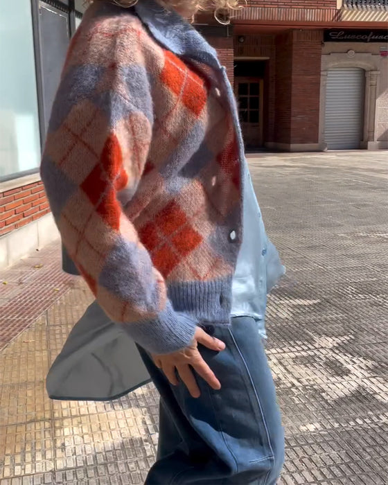 Cardigan Geometrisch Farbblock Knopf Vorne