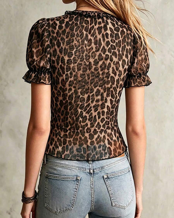 Bluse V-Ausschnitt Leopard Druck Rüsche Puffärmel