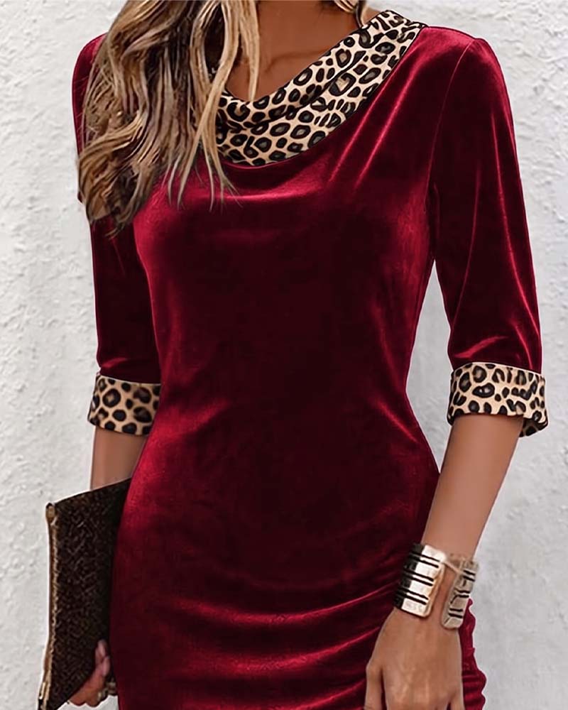 Kleid Drapiert Cowl Hals Leopardenmuster Halbarm Slim Fit