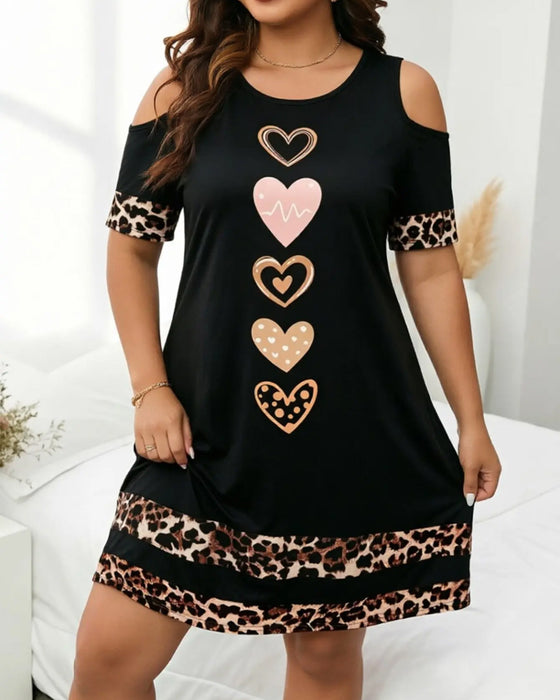 Kleid Rundhals Off-Shoulder Leopard Herz