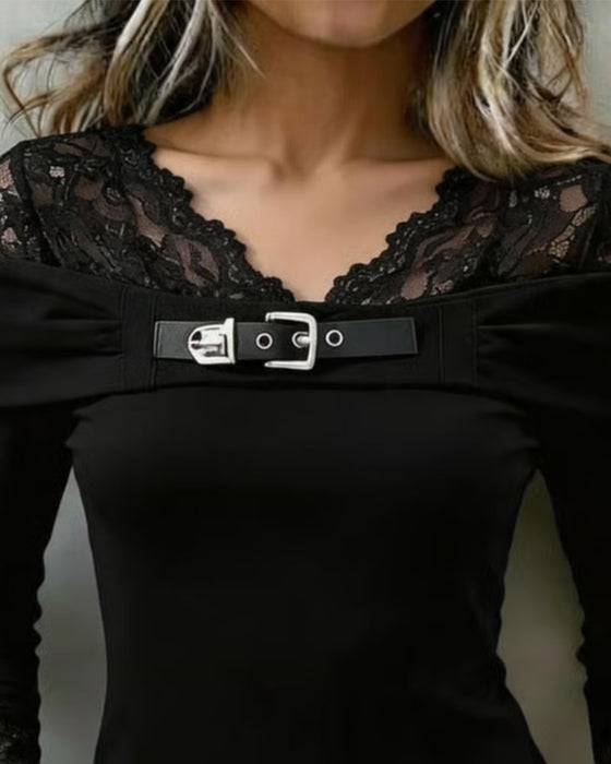 Bluse V-Ausschnitt Spitze Panel Slim