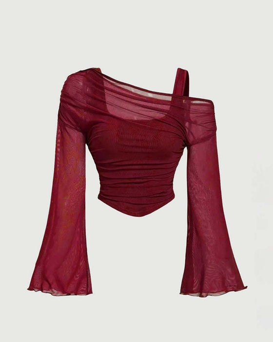 Bluse Netz Rüsche Langarm Cami
