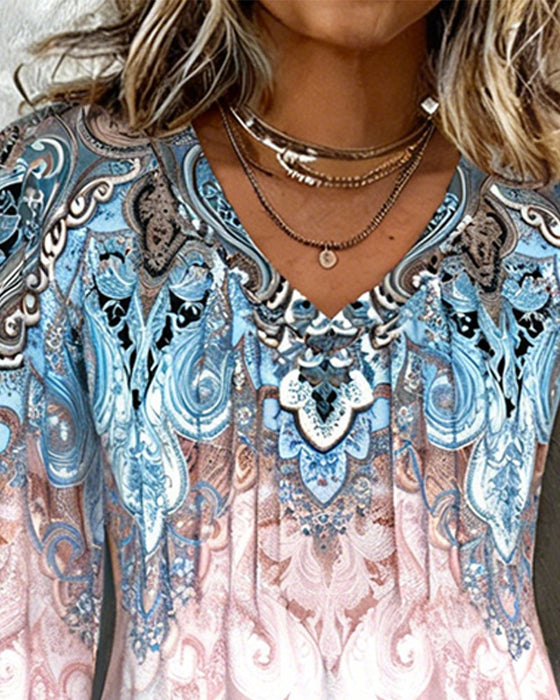 Top Laternenärmel V-Ausschnitt Gedruckt