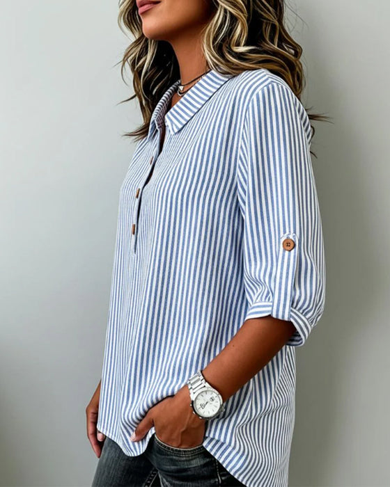 Bluse Lässig Gestreift Henley