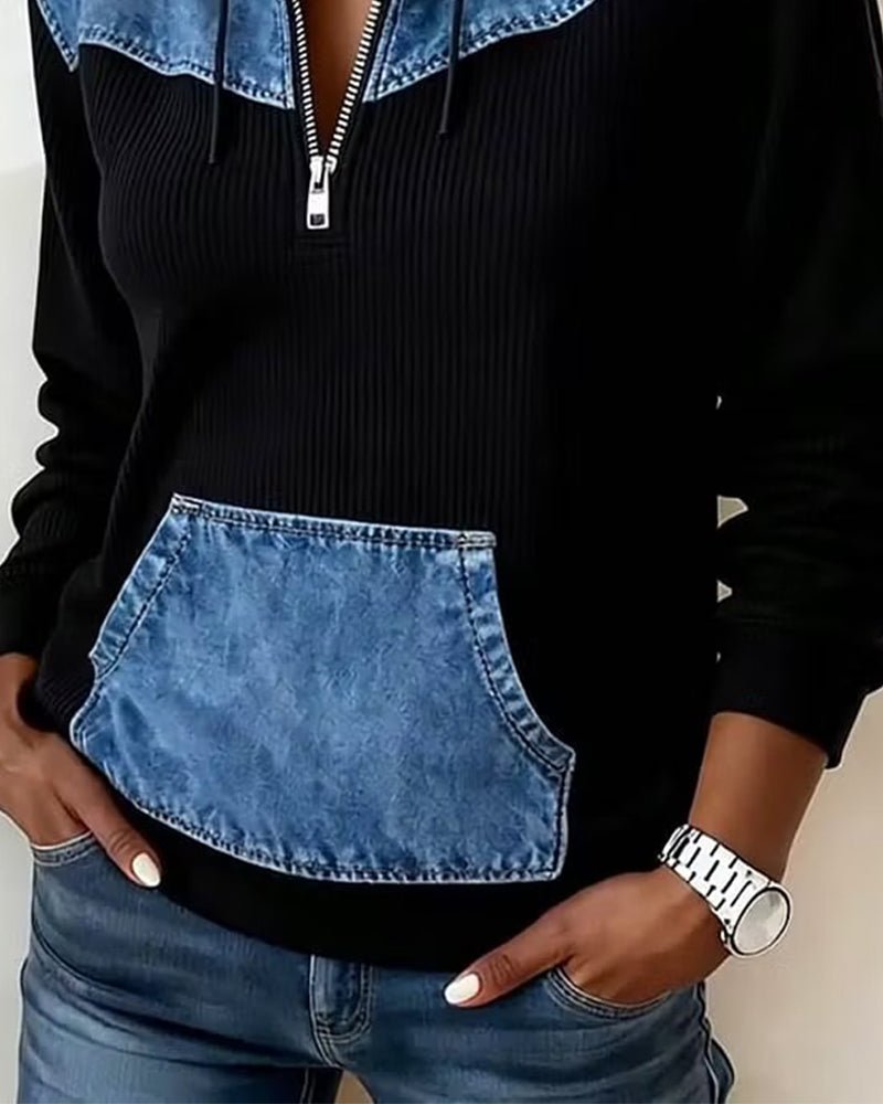 Kapuzenpullover Reißverschluss Denim Patchwork