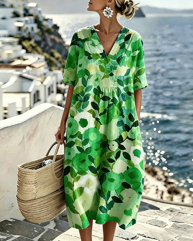 Kleid Aquarell Blumen V-Ausschnitt