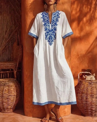 Kleid V-Ausschnitt Bohemian Weiter Rock Tasche