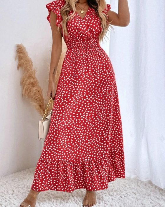Kleid Tupfenmuster V-Ausschnitt Maxi