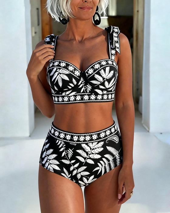 Bikini Botanischer Druck Hohe Taille