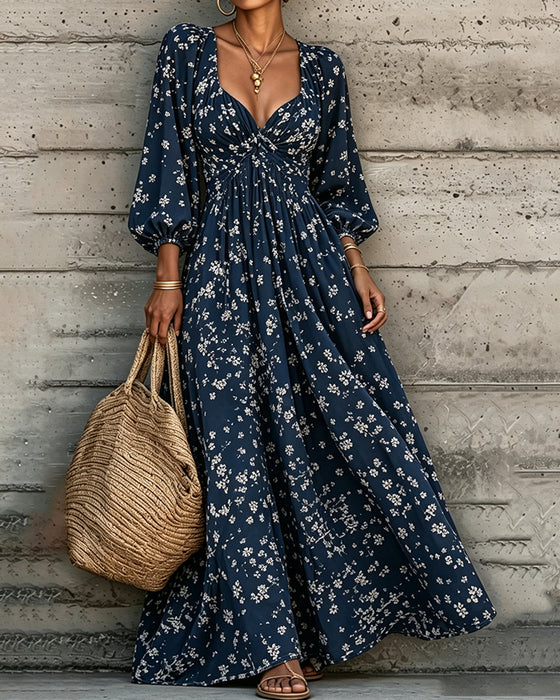 Kleid Gerafft Blumen Puffärmel Weiter Rock