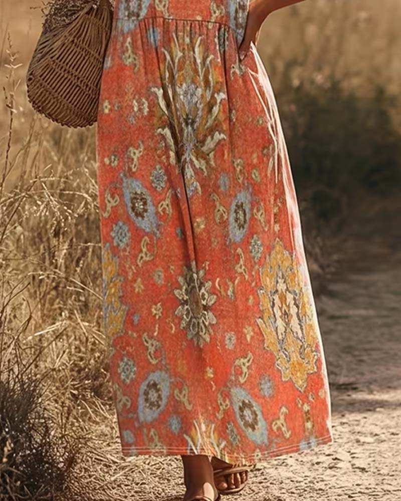 Kleid Ethno-Druck Ärmellos Lang