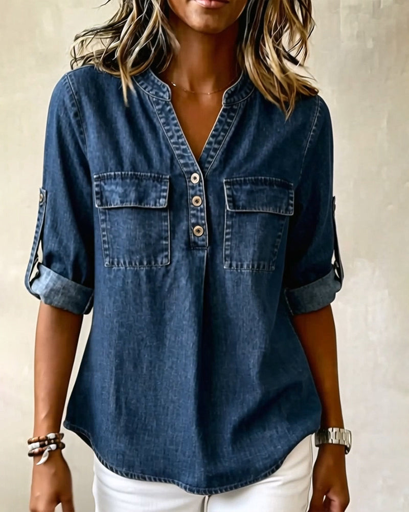 Bluse Denim V-Ausschnitt Lässig