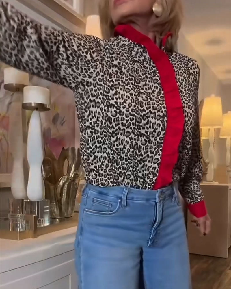 Bluse gerüscht Leopardenprint farbgebockt