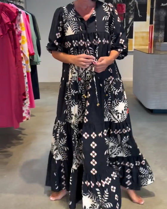 Kleid Krawatte Blumig Voll Rock Urlaub Maxi