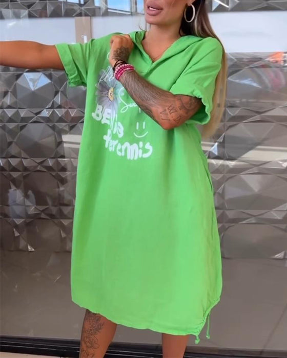 Kleid Mit Kapuze Bedruckt Lässig Gerade
