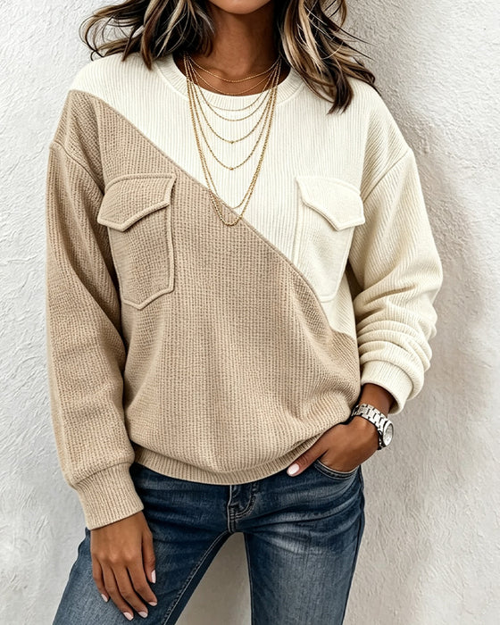 Sweatshirt Asymmetrische Tasche Lässig Rundhals