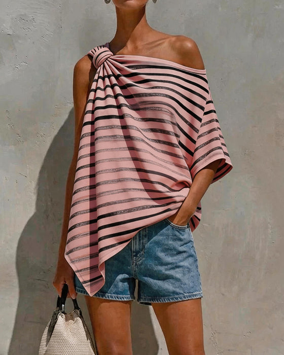 Bluse Gestreift Ein-Schulter Twist Knoten