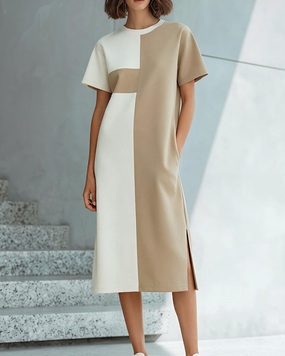 Kleid Color-Block Kurzarm Schlitz Knielang