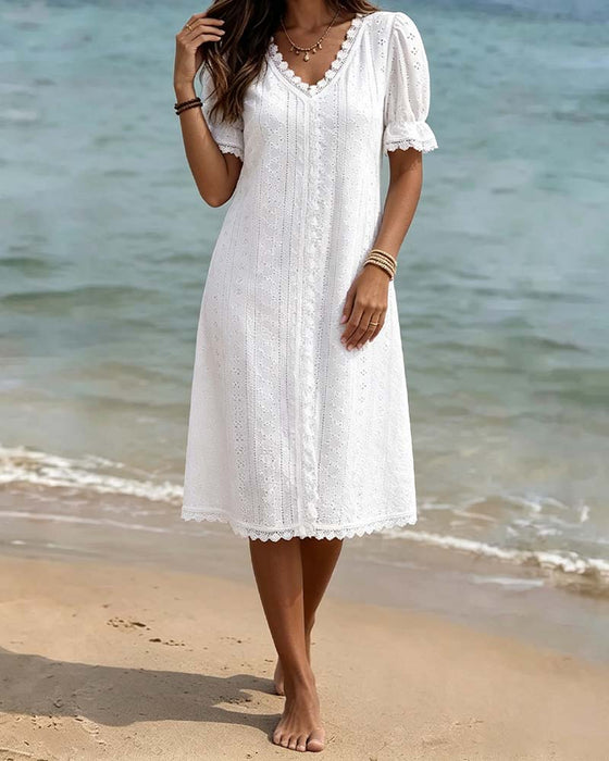 Kleid Uni V-Ausschnitt Spitze Patchwork Blasenärmel