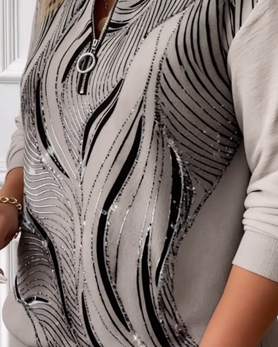 Plusgröße Casual Sweatshirt mit Druck und Halbreißverschluss