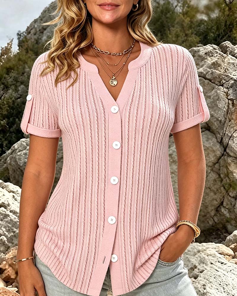 Bluse Mini V-Ausschnitt Knopf Einfarbig
