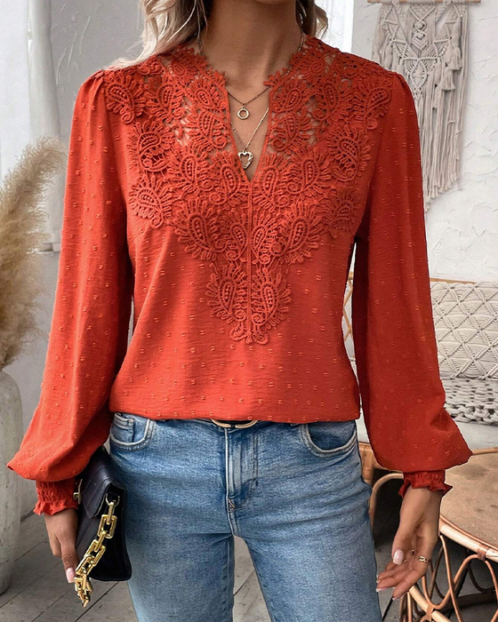 Bluse V-Ausschnitt Spitze Jacquard