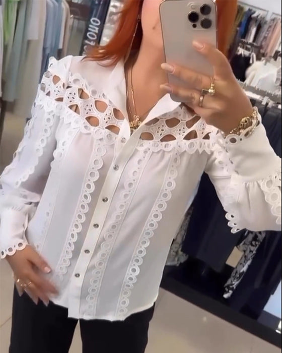 Bluse Laternenärmel Cutout Spitze