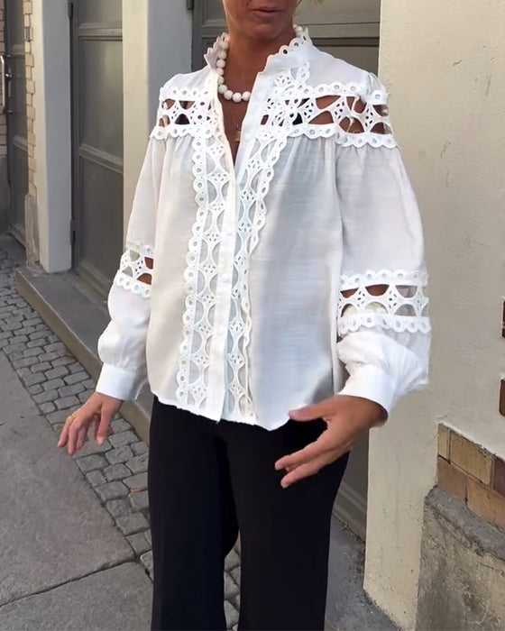 Bluse Stehkragen Hohl Spitze