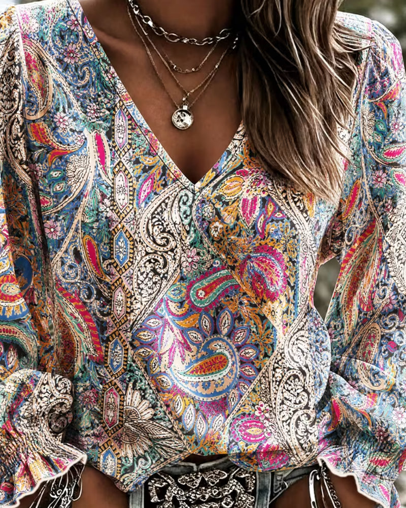 Bluse V-Ausschnitt Bohemian Puffärmel