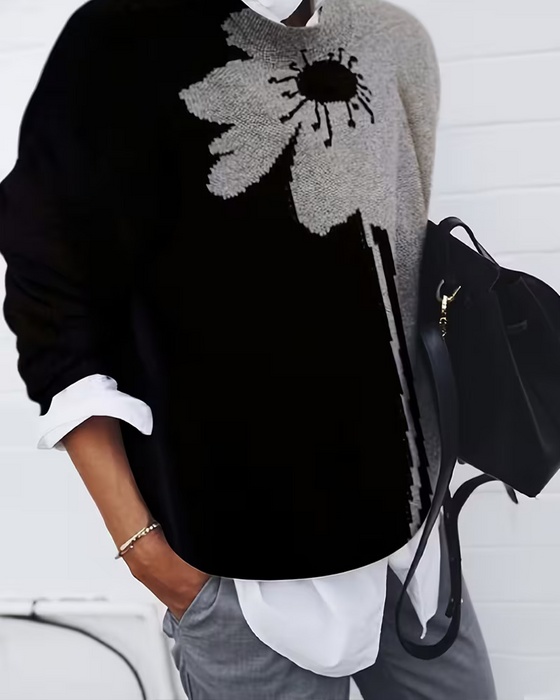 Pullover Farbblock Groß Blumen Jacquard Rundhals
