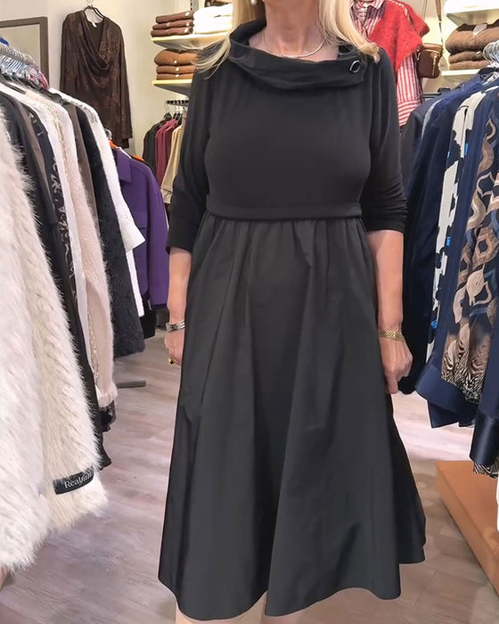Kleid Wasserfallkragen Patchwork A-Linie Maxi