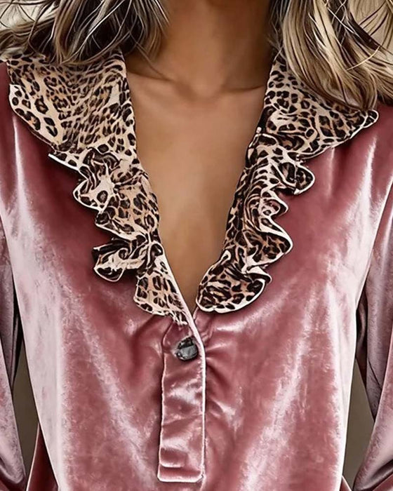 Bluse V-Ausschnitt Leopard Druck Rüsche Ärmel