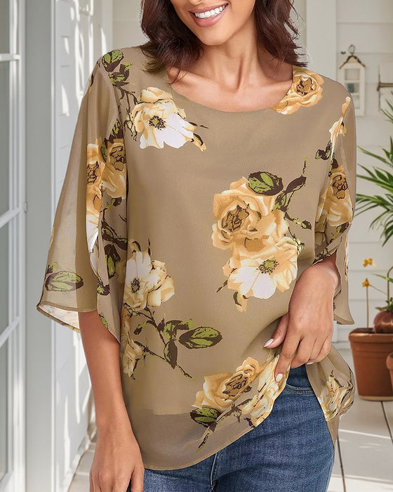 Bluse Rundhals Blumenmuster Schlitzärmel Lässig