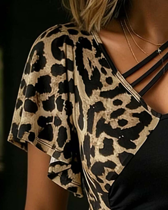 T-Shirt Leopardenmuster V-Ausschnitt