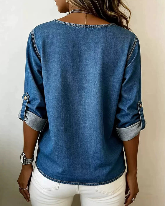 Bluse Rundhals Seitenschlitz Knopf