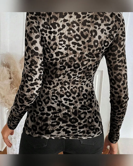 Top Leopardenmuster Rundhals Langarm